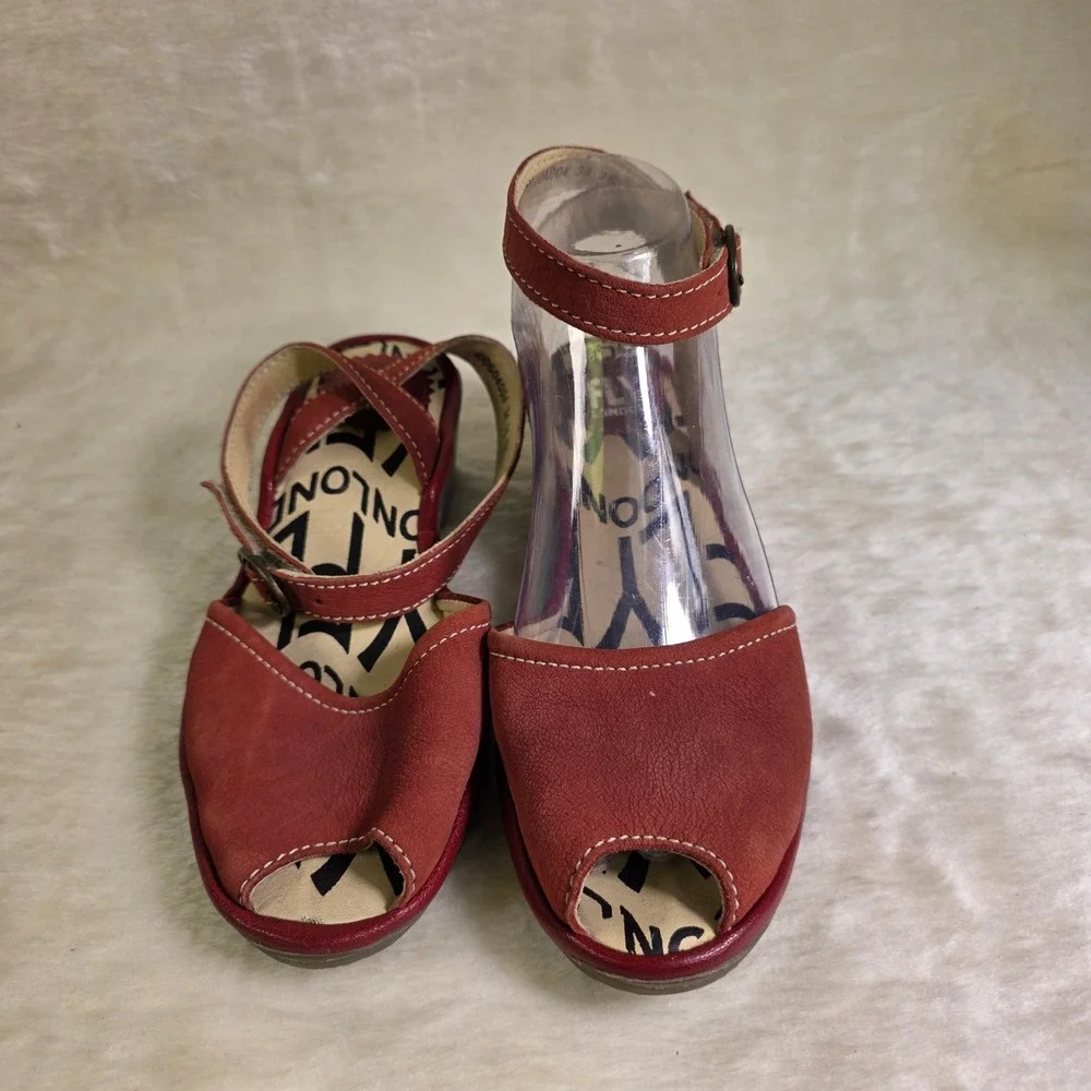 Fly London Yala Wedge Sandals Red Leather Peep Toe Ankle Strap Womens 37 6 6.5
